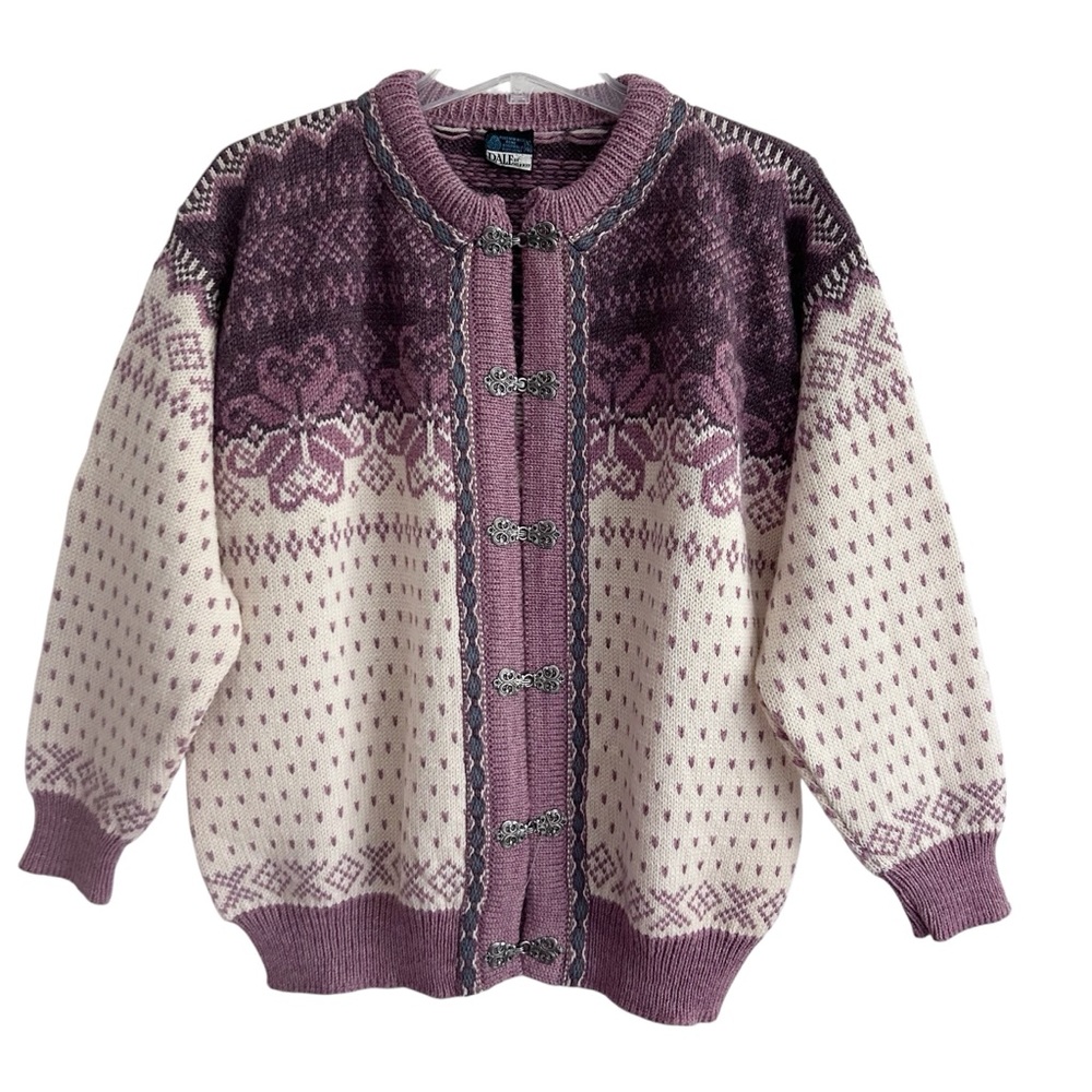 Vintage Dale of Norway Pink Purple Blue Cream Fair Isle Wool Cardigan XL